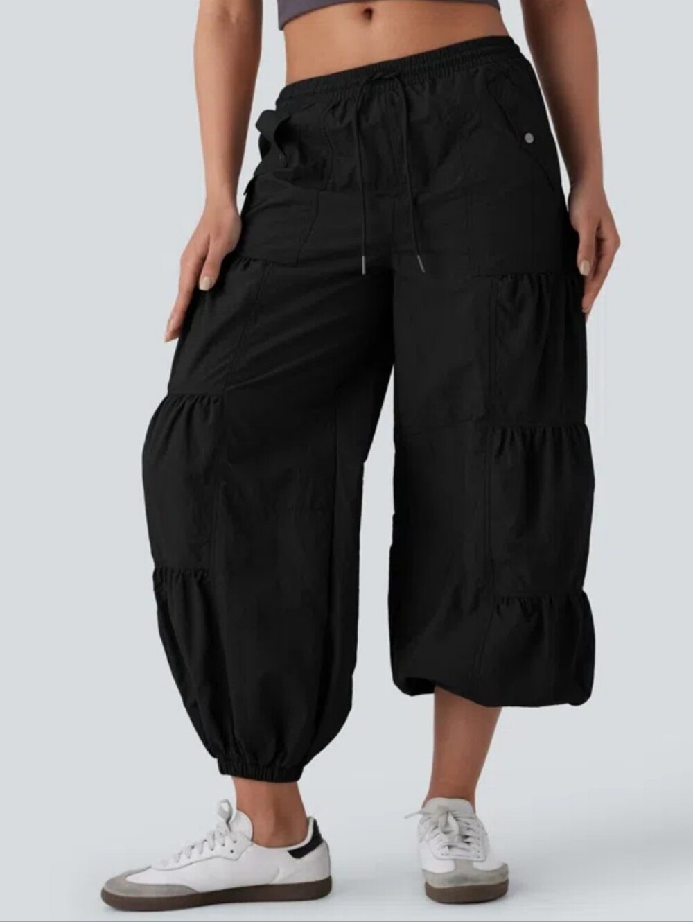 HALARA Mid Rise Drawstring Pocket Ruched Parachute Casual Cargo Baggy Pants L - Picture 3 of 16